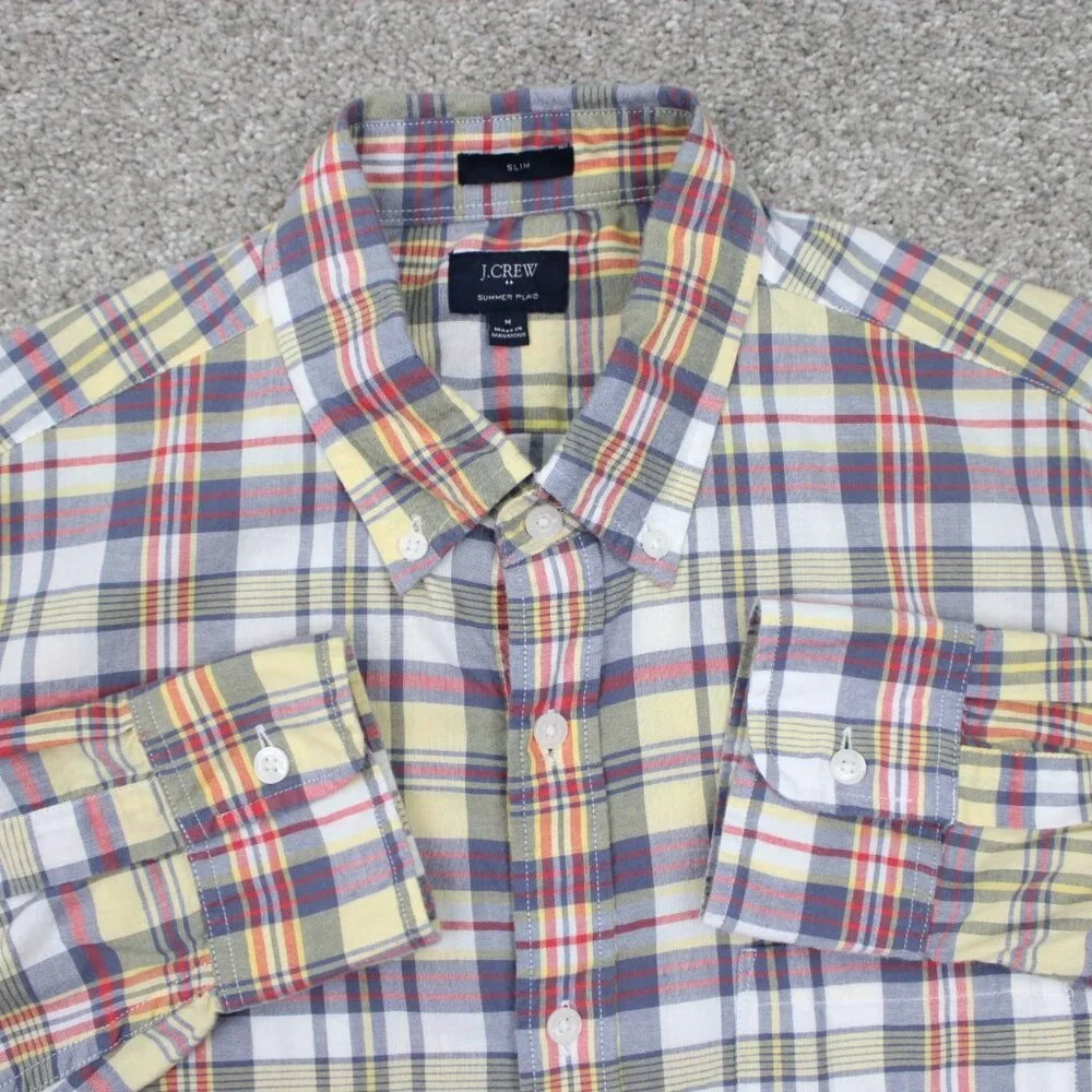 J Crew Summer Plaid Shirt Mens Medium Red/Blue/Yellow Slim Fit Cotton L/S Button